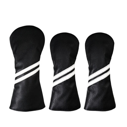 Three black golf club head covers with white stripes on a white background