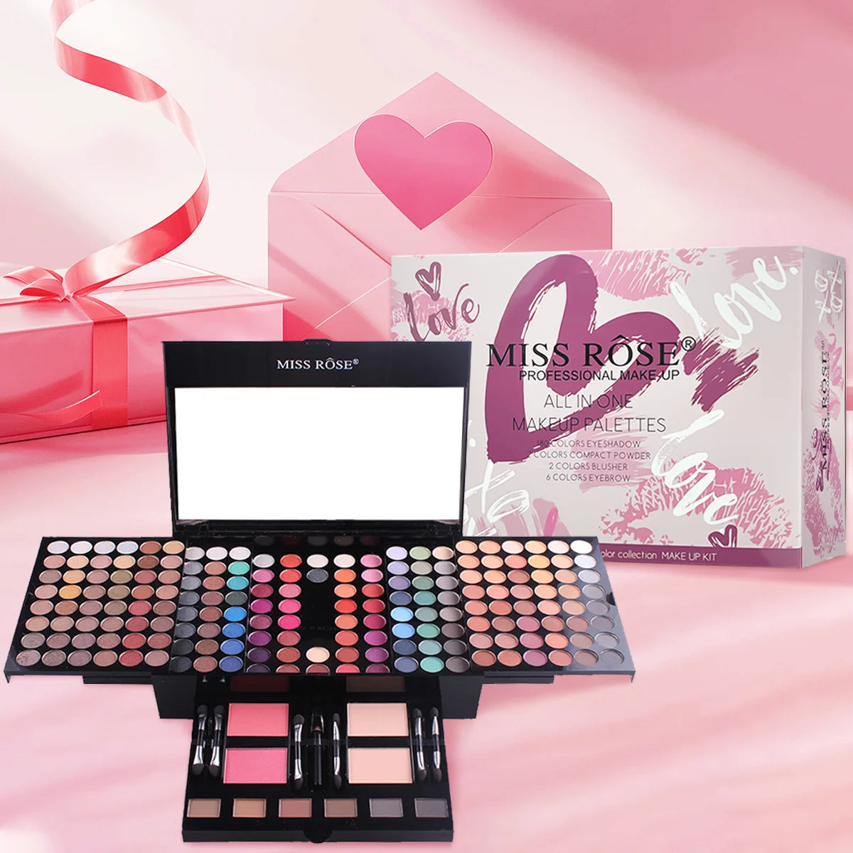 Miss Rose makeup palette with accessories on a pink background