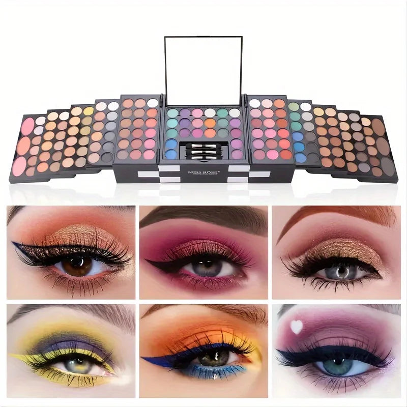 Makeup palette with colorful shades and eye makeup looks on a white background