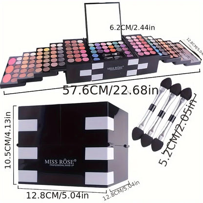 Makeup palette with brushes and dimensions labeled