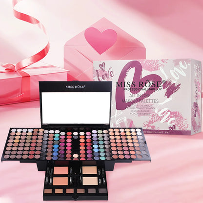 Miss Rose makeup palette with packaging on a pink background