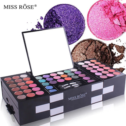 Miss Rose makeup palette with open lid showing colorful eyeshadows and a mirror.