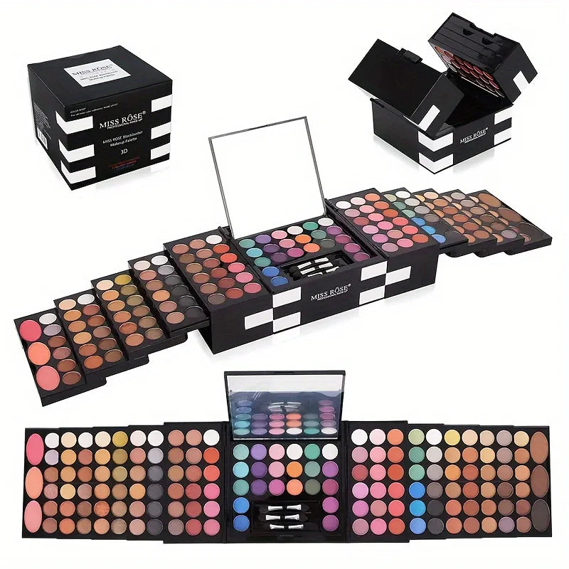 Makeup palette set with various colors and a mirror, displayed in front of its packaging.