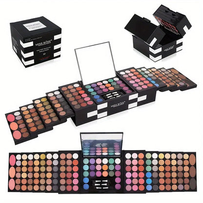 Makeup palette set with various colors and a mirror, displayed in front of its packaging.