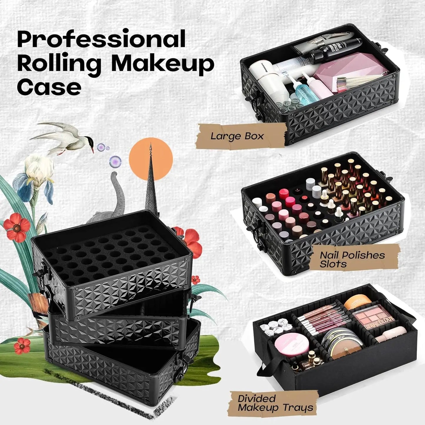 Professional rolling makeup case with various compartments on a decorative background