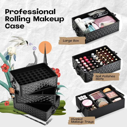 Professional rolling makeup case with various compartments on a decorative background