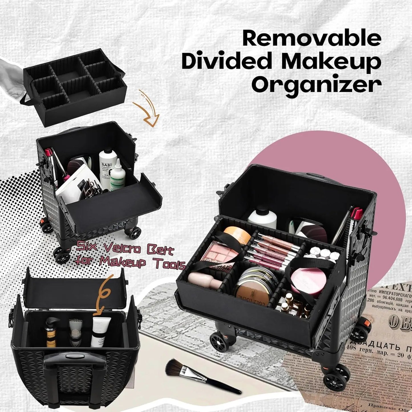 Black removable divided makeup organizer with various cosmetic items on a textured background