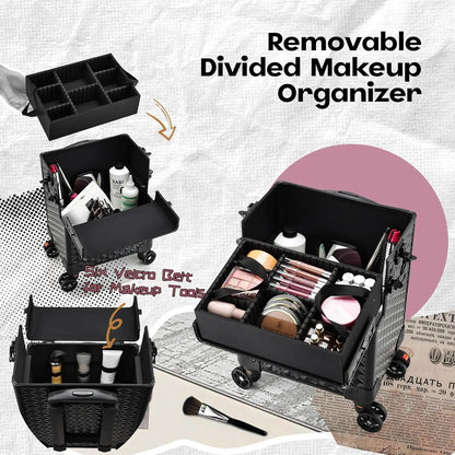 Black removable divided makeup organizer with various cosmetic items on a textured background