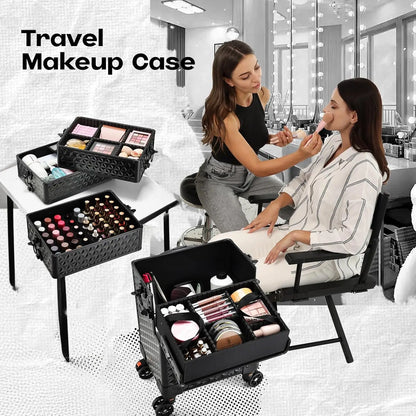 Travel makeup case with cosmetic items in a beauty salon setting