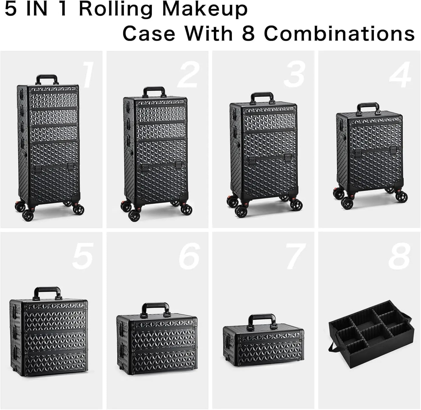 8 different configurations of a 5-in-1 rolling makeup case on a white background.
