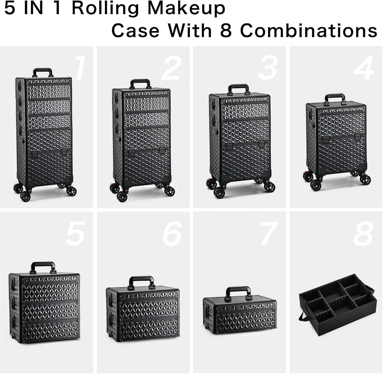 8 different configurations of a 5-in-1 rolling makeup case on a white background.