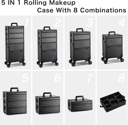 8 different configurations of a 5-in-1 rolling makeup case on a white background.