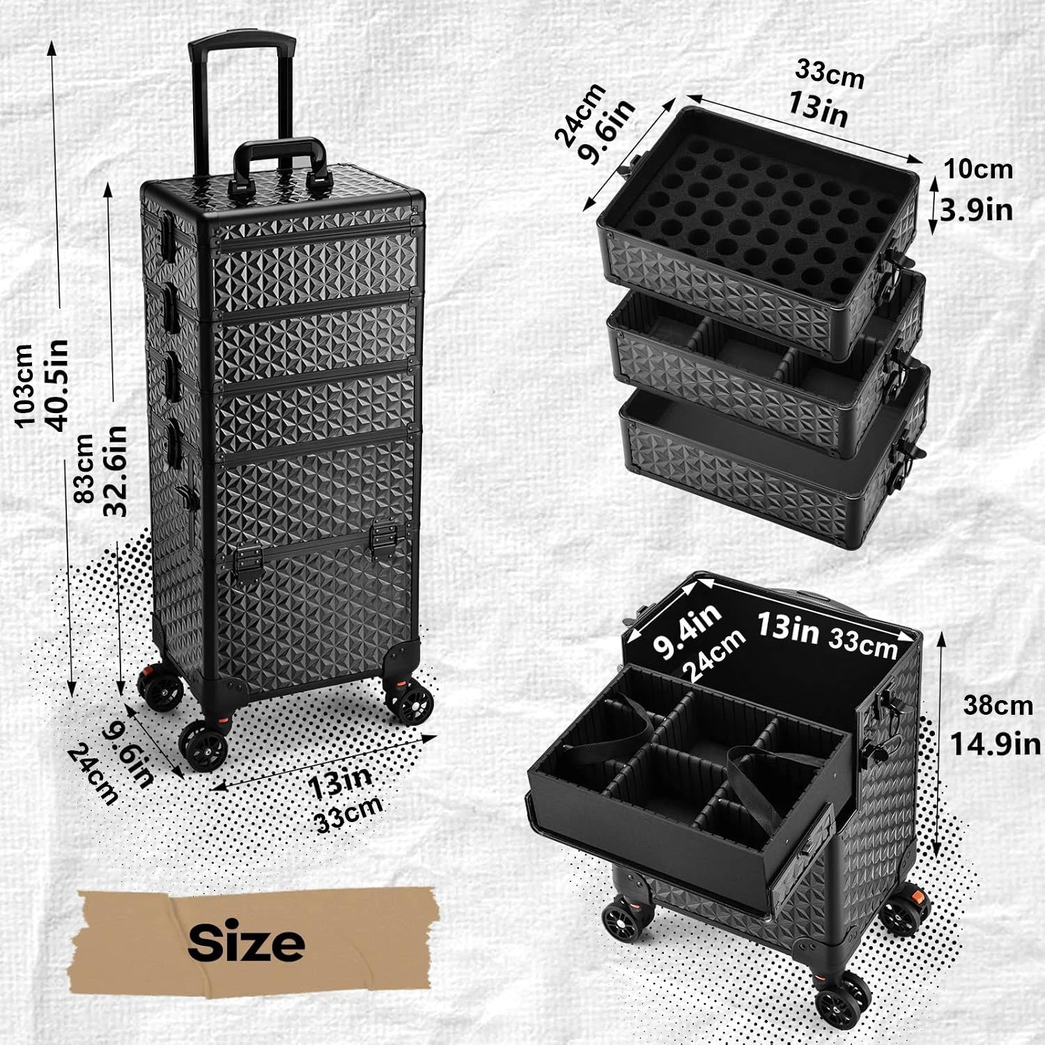 Black makeup trolley with dimensions and compartments shown on a light gray background