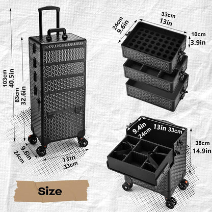 Black makeup trolley with dimensions and compartments shown on a light gray background