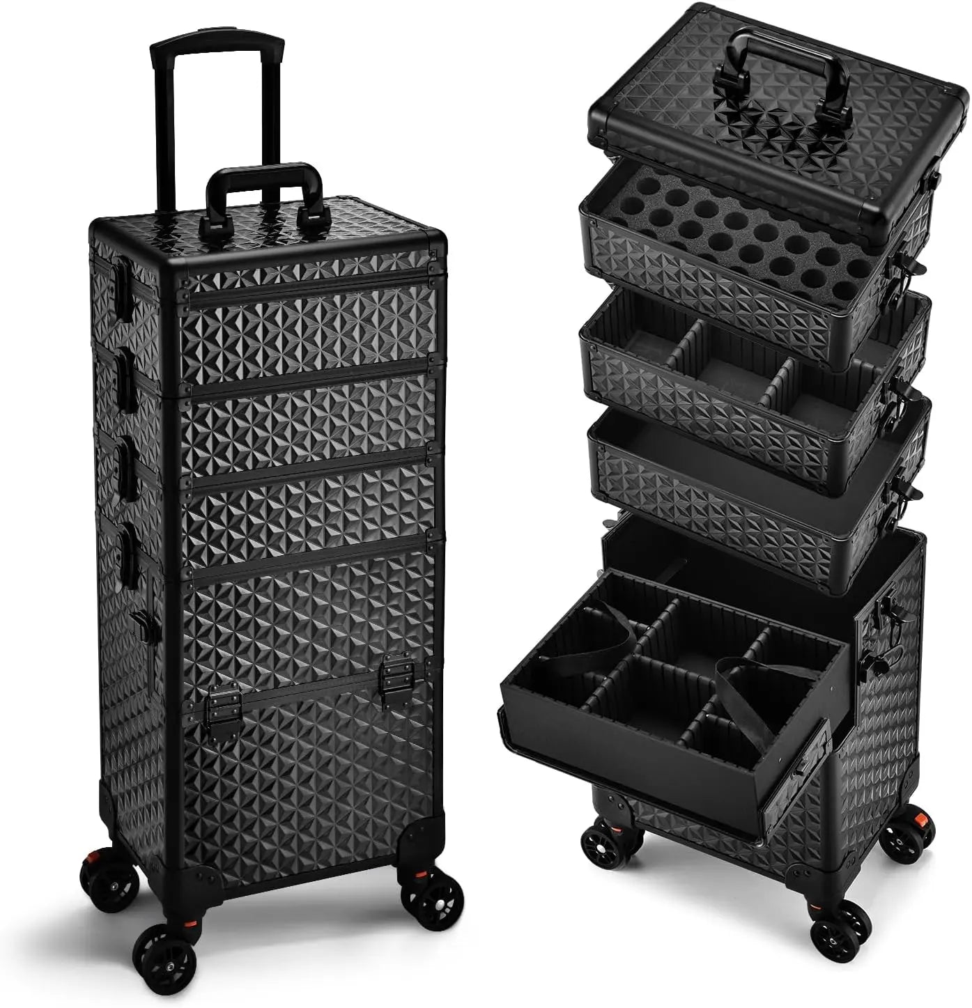 Black rolling storage cart with multiple compartments on a white background