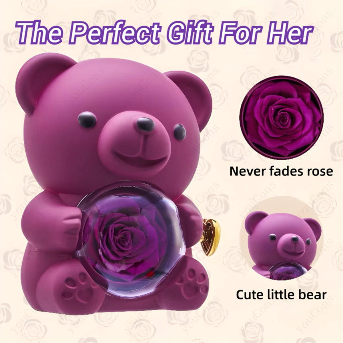 Purple teddy bear with an embedded rose, labeled 'The Perfect Gift For Her', on a light background.