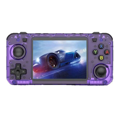 Purple handheld gaming console with screen displaying a racing game on a white background