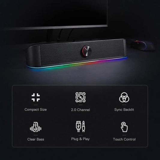 Black soundbar with RGB lighting on a dark background, featuring icons and text about its features.