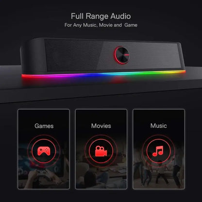 Black audio system with RGB lighting on a dark background, featuring icons for games, movies, and music.