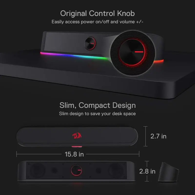 Gaming console with control knob and RGB lighting on a black background