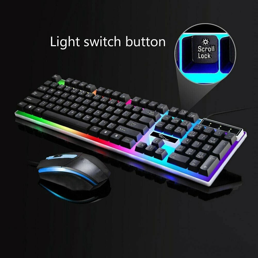 Gaming keyboard and mouse set with RGB lighting on a black background