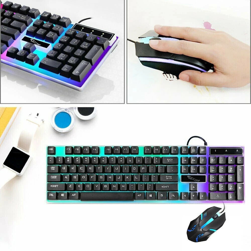 Gaming keyboard and mouse set with RGB lighting on a white surface.