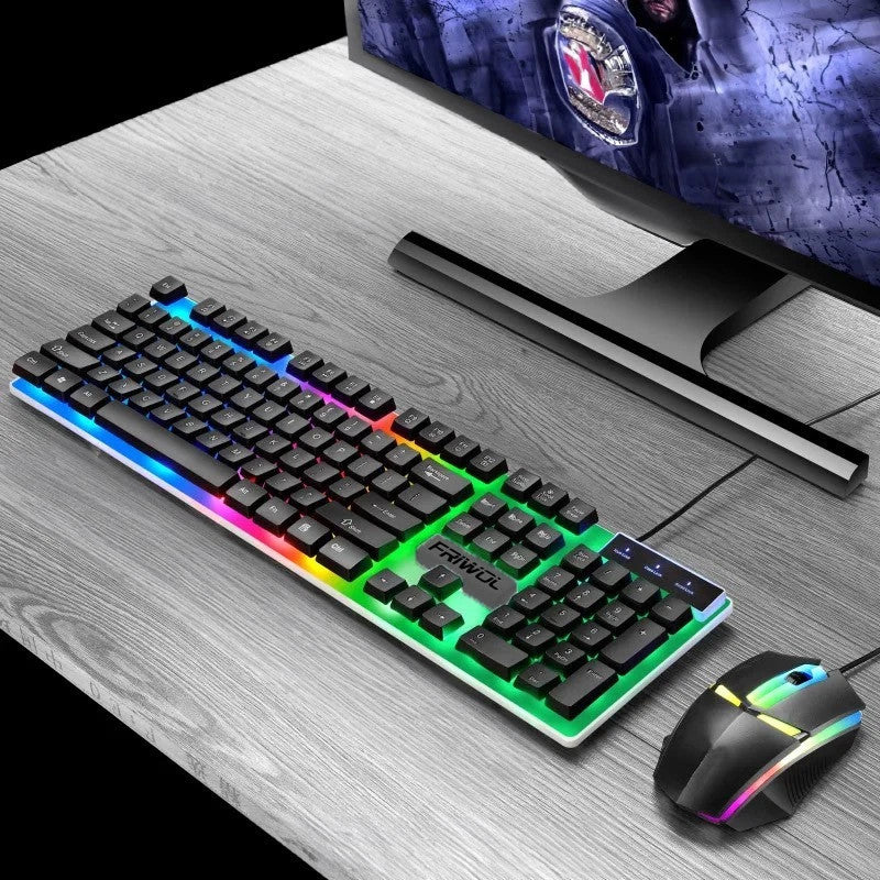 Gaming keyboard and mouse set on a desk with a monitor in the background