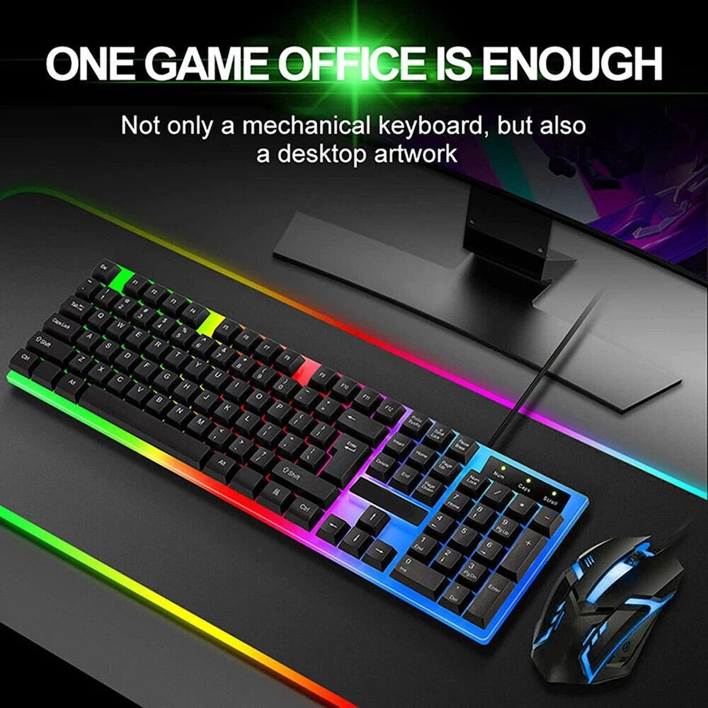 Mechanical keyboard with RGB lighting on a desk setup, featuring text about gaming office.