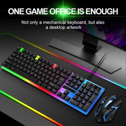 Mechanical keyboard with RGB lighting on a desk setup, featuring text about gaming office.