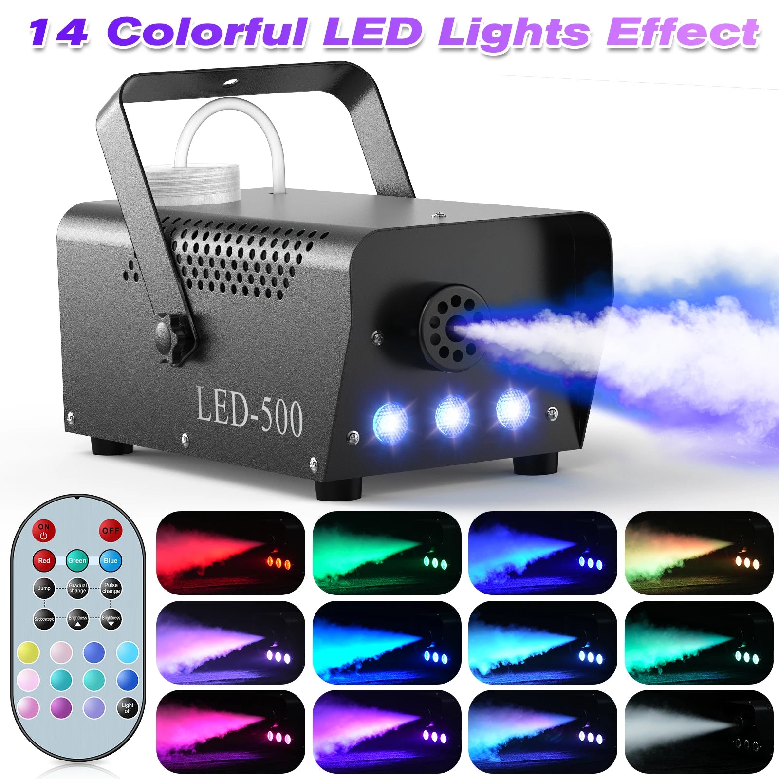 Smoke machine with colorful LED lights effect and remote control on a white background