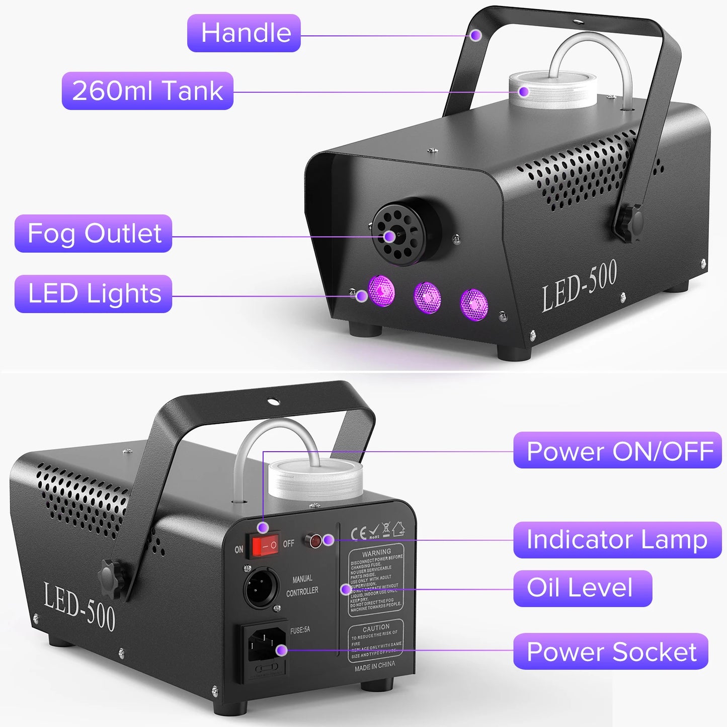 Black fog machine with labeled parts on a white background