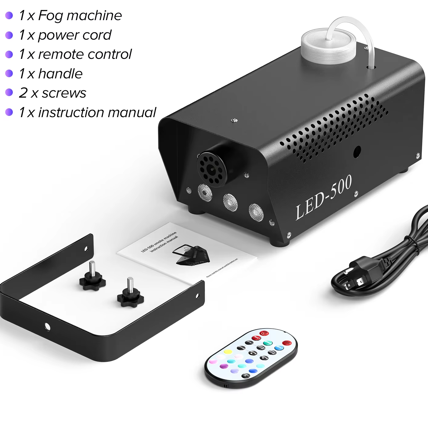 Fog machine with remote control, power cord, handle, screws, and instruction manual on a white background.
