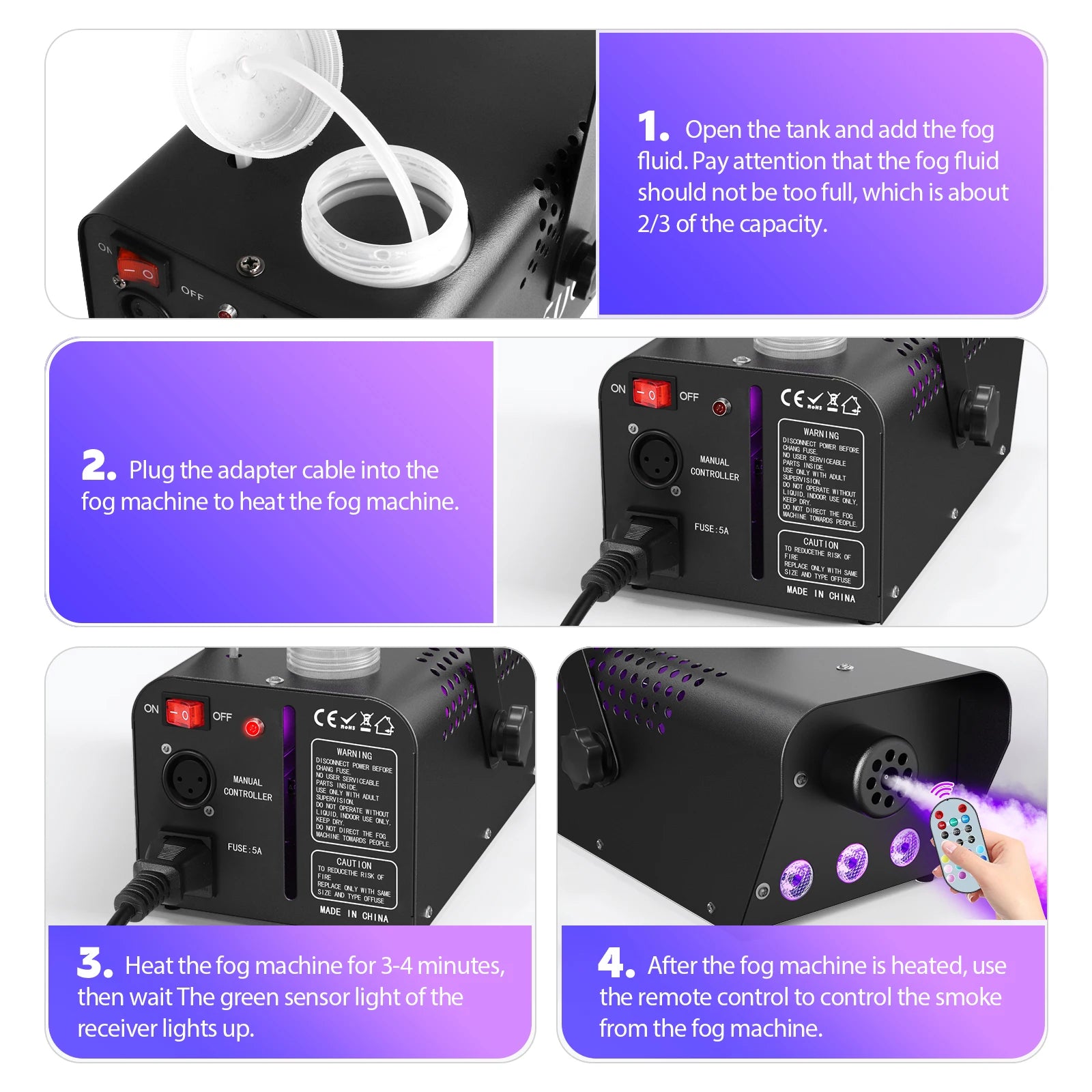 Step-by-step guide on how to use a fog machine with text instructions.