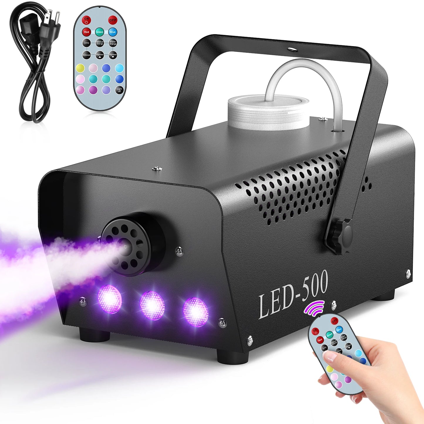 Black fog machine with LED lights and remote control on a white background