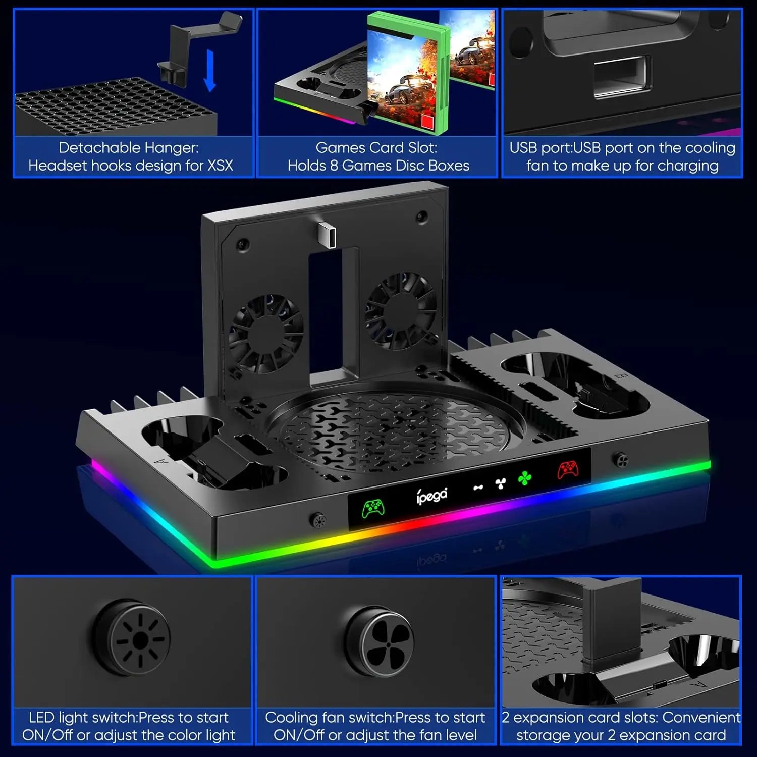 Multifunctional gaming device with cooling fans and RGB lighting on a dark background