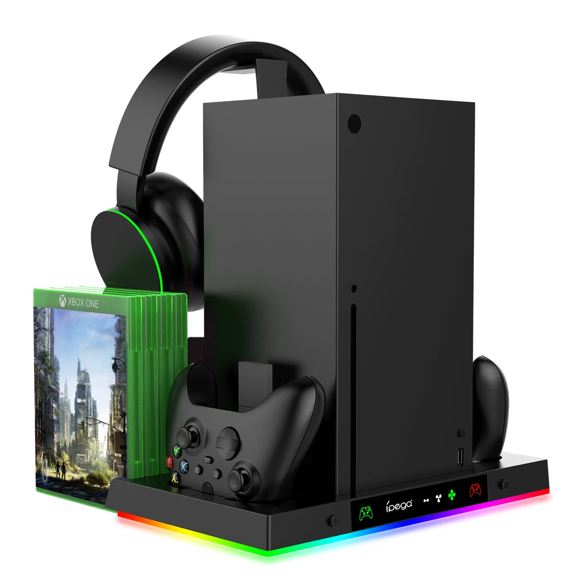 Gaming console with controller, headset, and Xbox game case on a white background