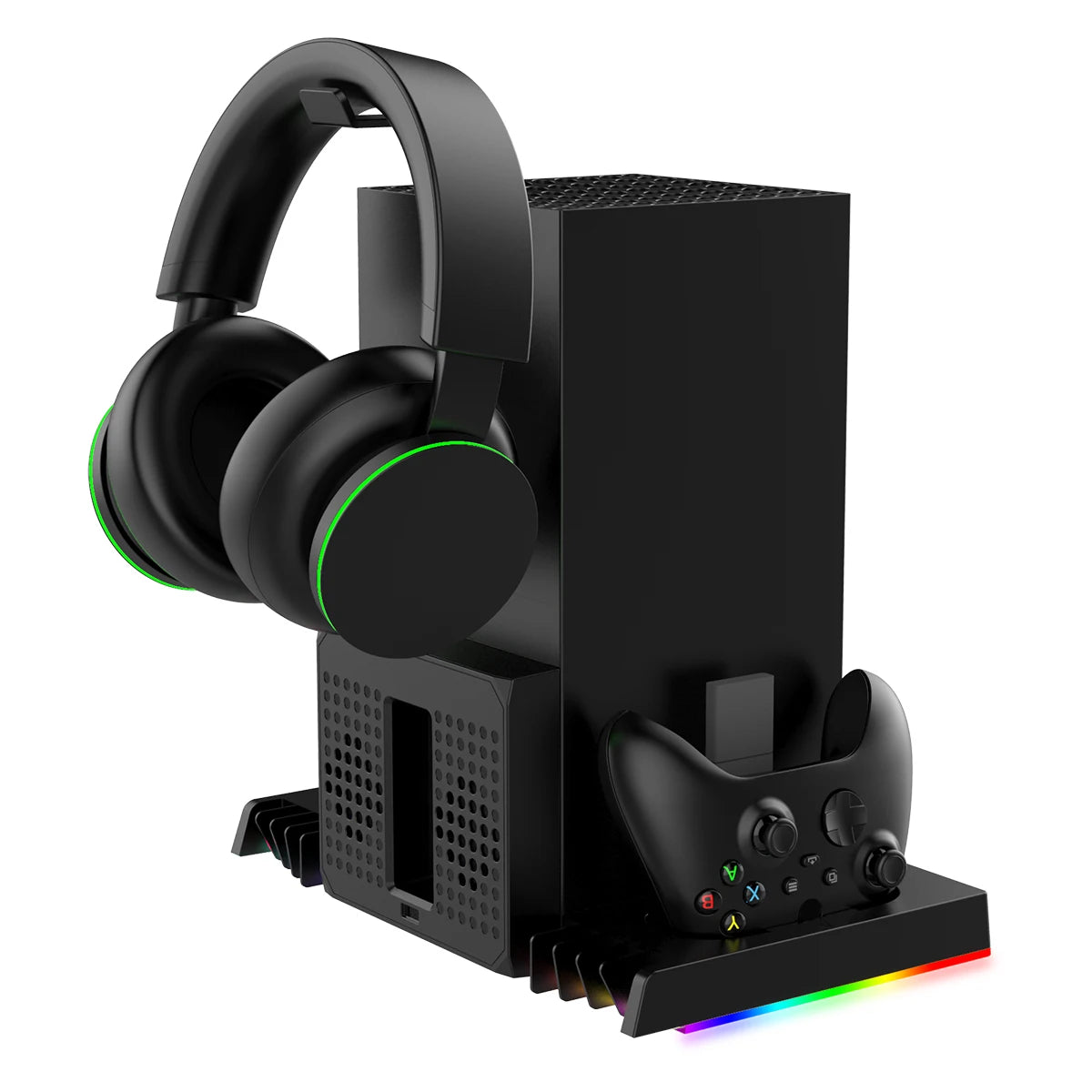 Gaming console with headset stand and controller on a white background