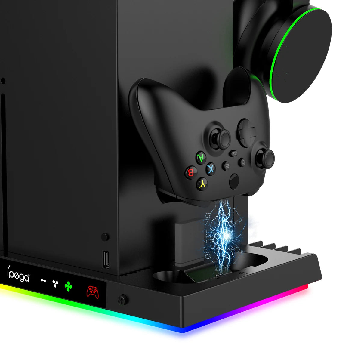 Gaming console with controller and RGB lighting on a white background