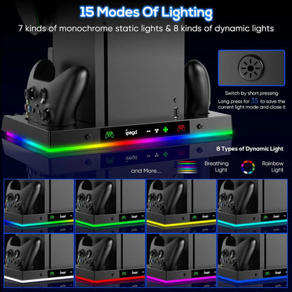 Gaming console with RGB lighting display and dynamic light modes on a dark background