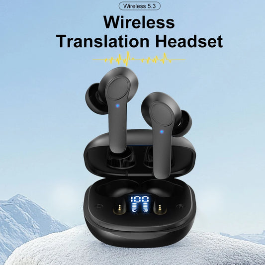 Wireless translation headset with charging case on a mountain background
