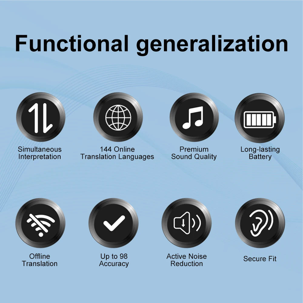 List of features with icons and text on a blue background