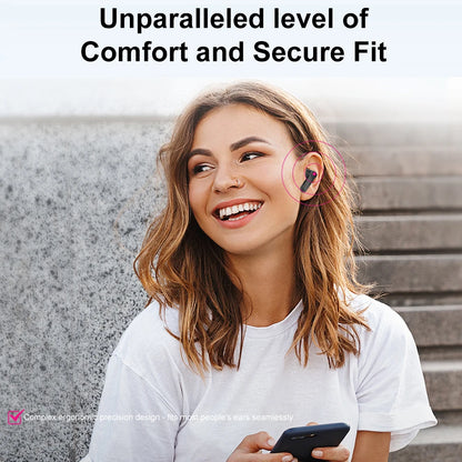 Woman wearing wireless earbuds with text about comfort and secure fit.