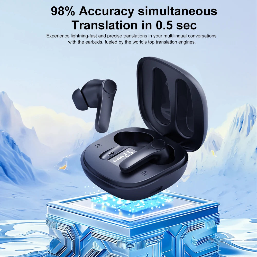 Black translation earbuds with charging case on a futuristic background