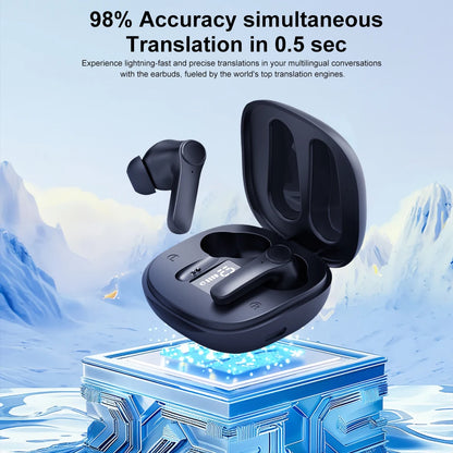 Black translation earbuds with charging case on a futuristic background