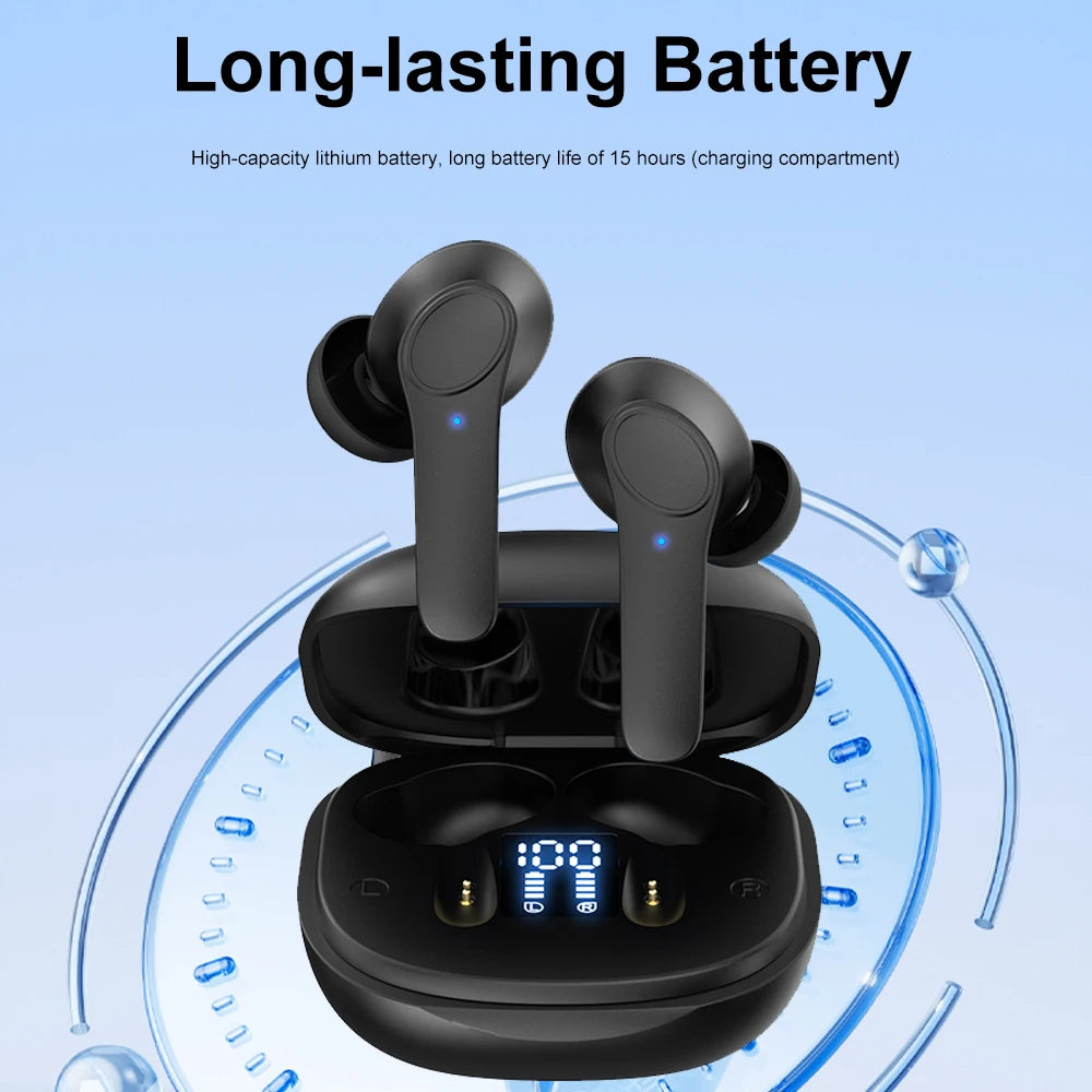 Black wireless earbuds with charging case on a blue background, highlighting long-lasting battery feature.