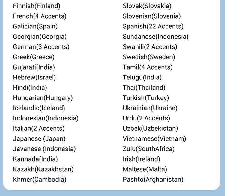List of languages with their respective accents on a blue background
