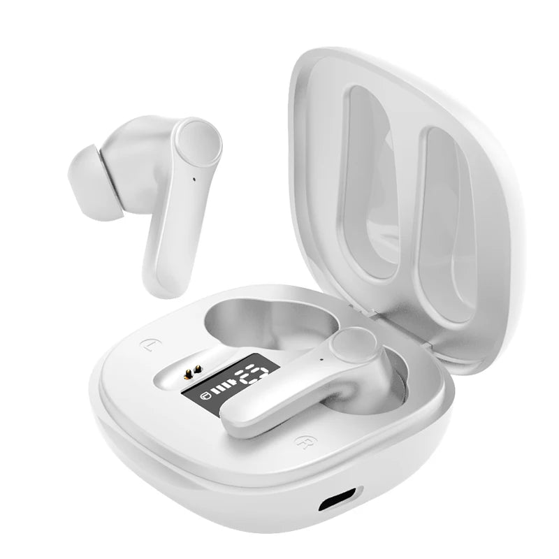 White wireless earbuds with charging case on a white background