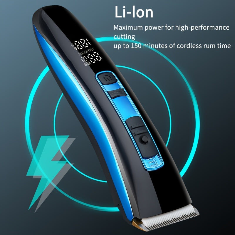 Black and blue electric shaver with digital display on a dark background