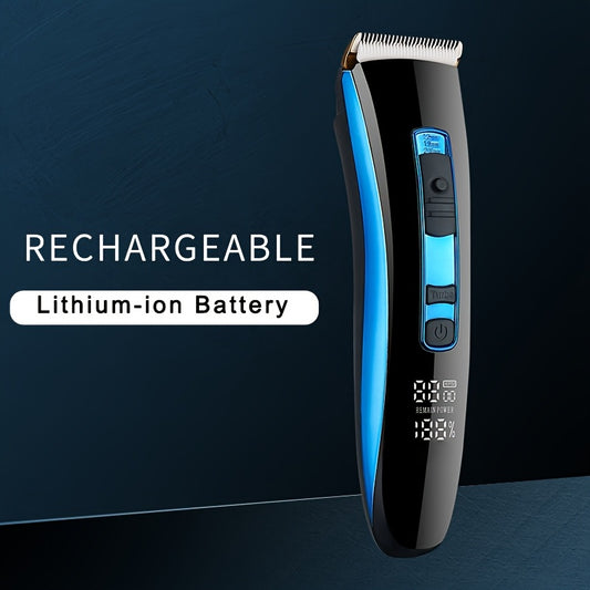 Hair trimmer with rechargeable lithium-ion battery text on a dark background