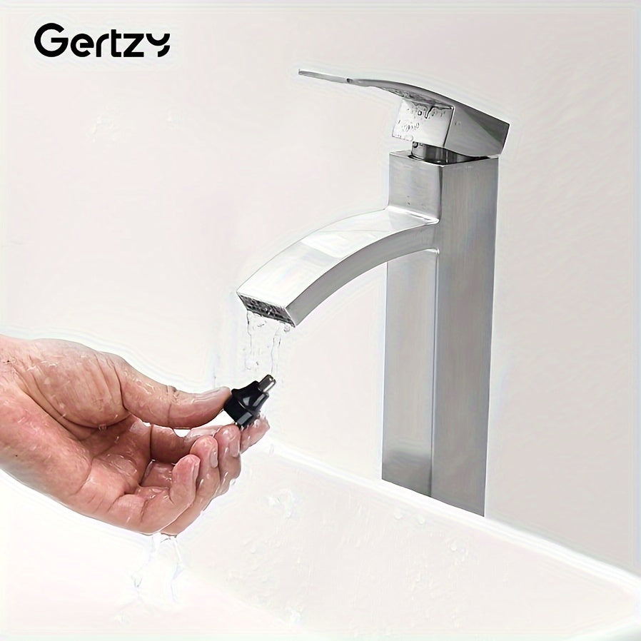 Person holding a black faucet handle in front of a silver faucet with 'Gertzy' branding.